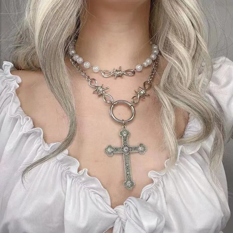 Gothic Cross Pendant Imitation Pearl Multilayer Necklace